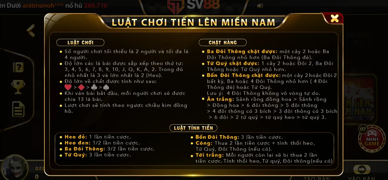 chơi bài Tiến lên miền nam của app SV88