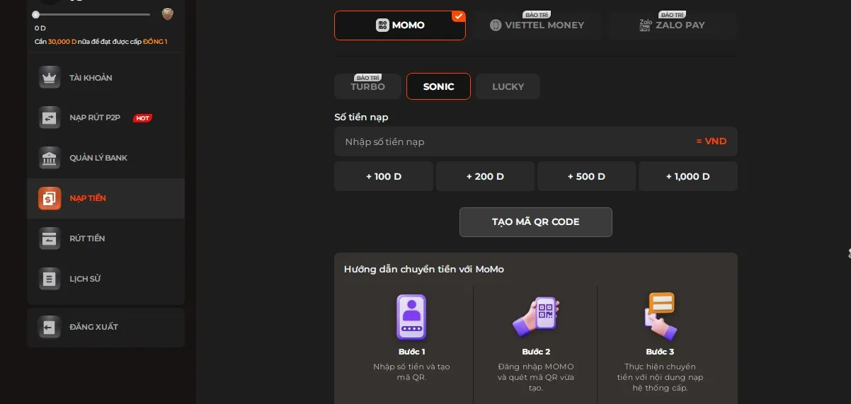 thao tác để nạp và rút tiền 