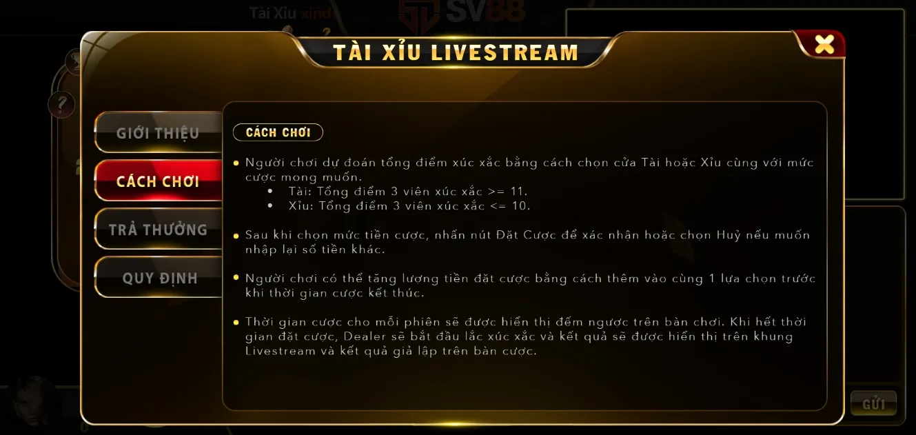 tài xỉu livestream tại app SV88