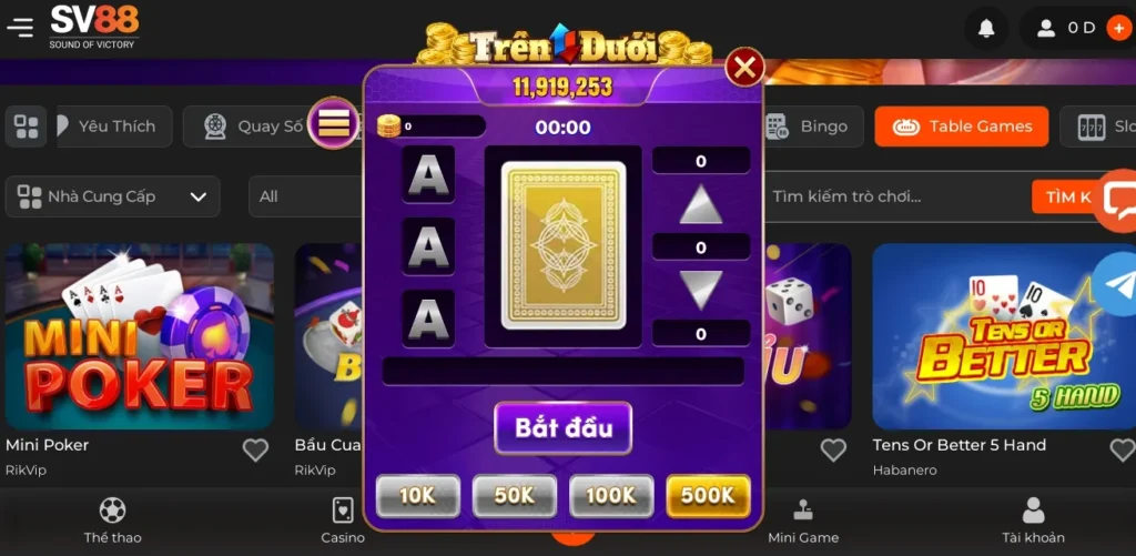chơi và trả thưởng game Trên dưới SV 88