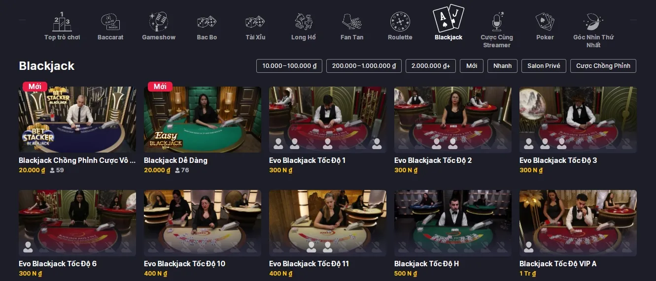 gia nhập và chiến game bài Blackjak 