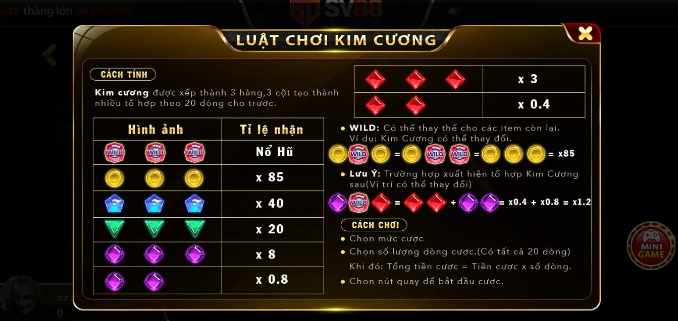 Hệ số thưởng cho mini slot Kim cương 