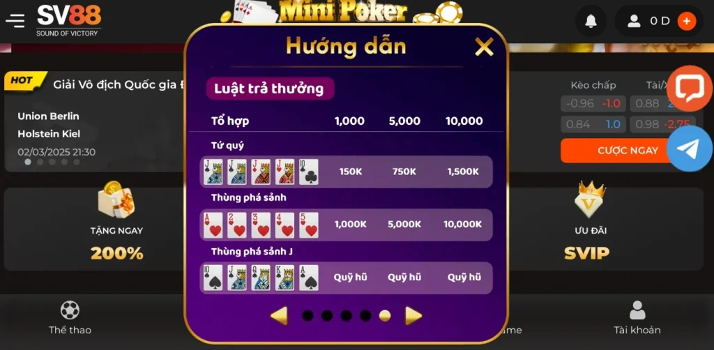 Trả thưởng slot Mini poker