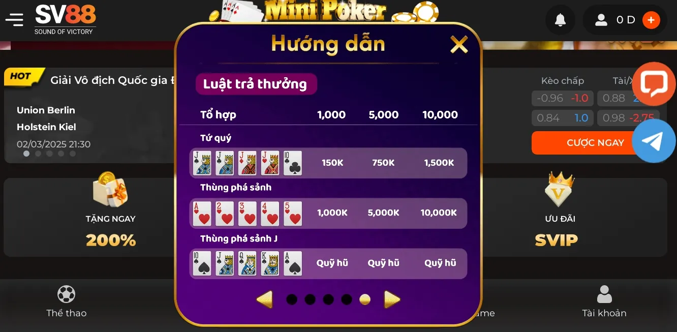 Trả thưởng slot Mini poker 