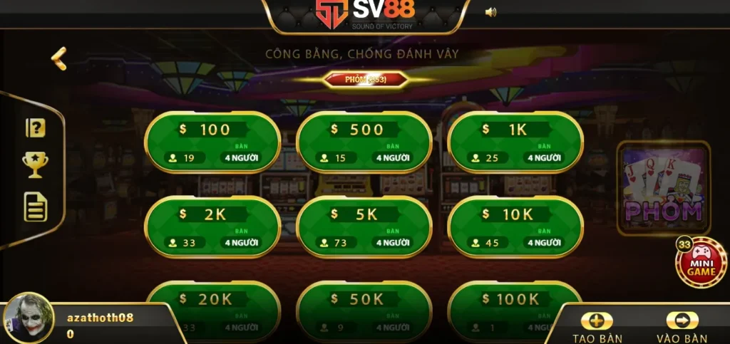 đánh bài Phỏm khi tải SV88 apk